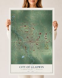 Map of Gladwin, Michigan, 24 x 36 inch unframed archival matte print