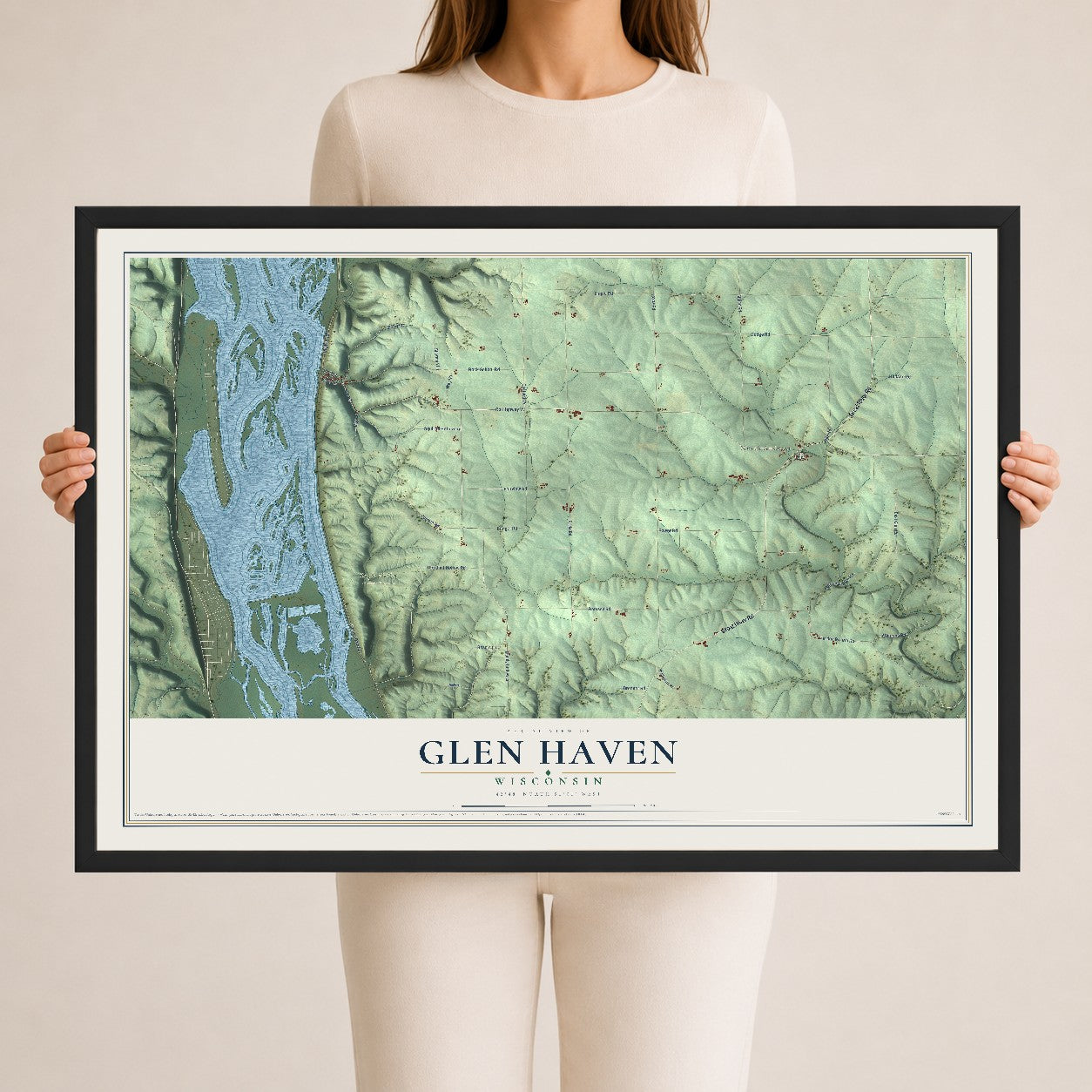 Map of Glen Haven, Wisconsin, 24 x 36 inch print in a black wood frame