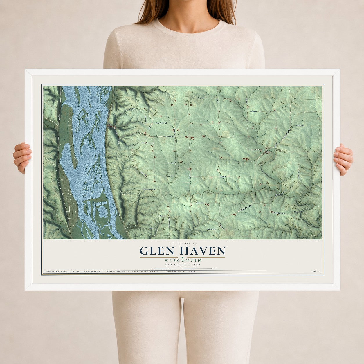 Map of Glen Haven, Wisconsin, 24 x 36 inch print in a white wood frame