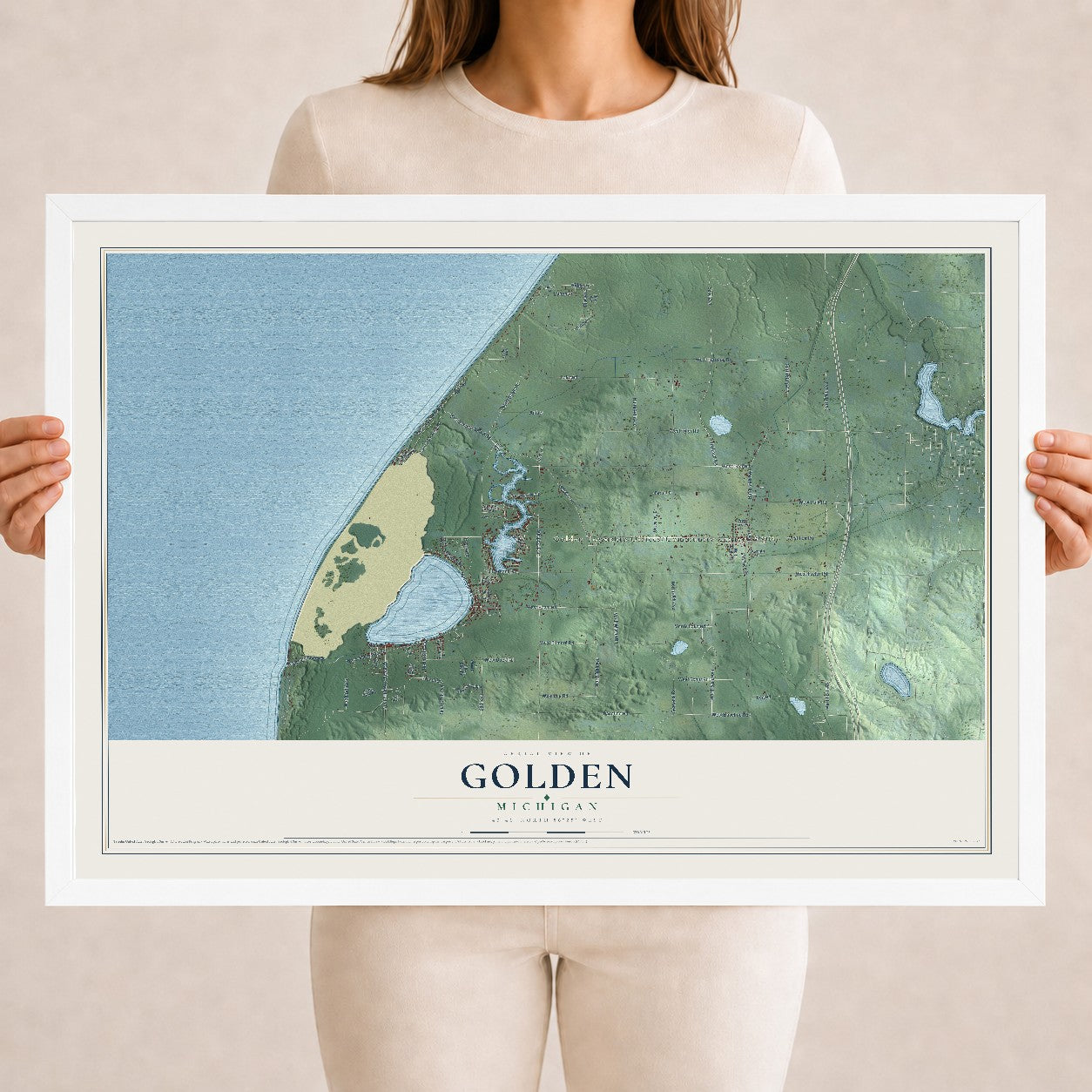Map of Golden, Michigan, 18 x 24 inch print in a white wood frame