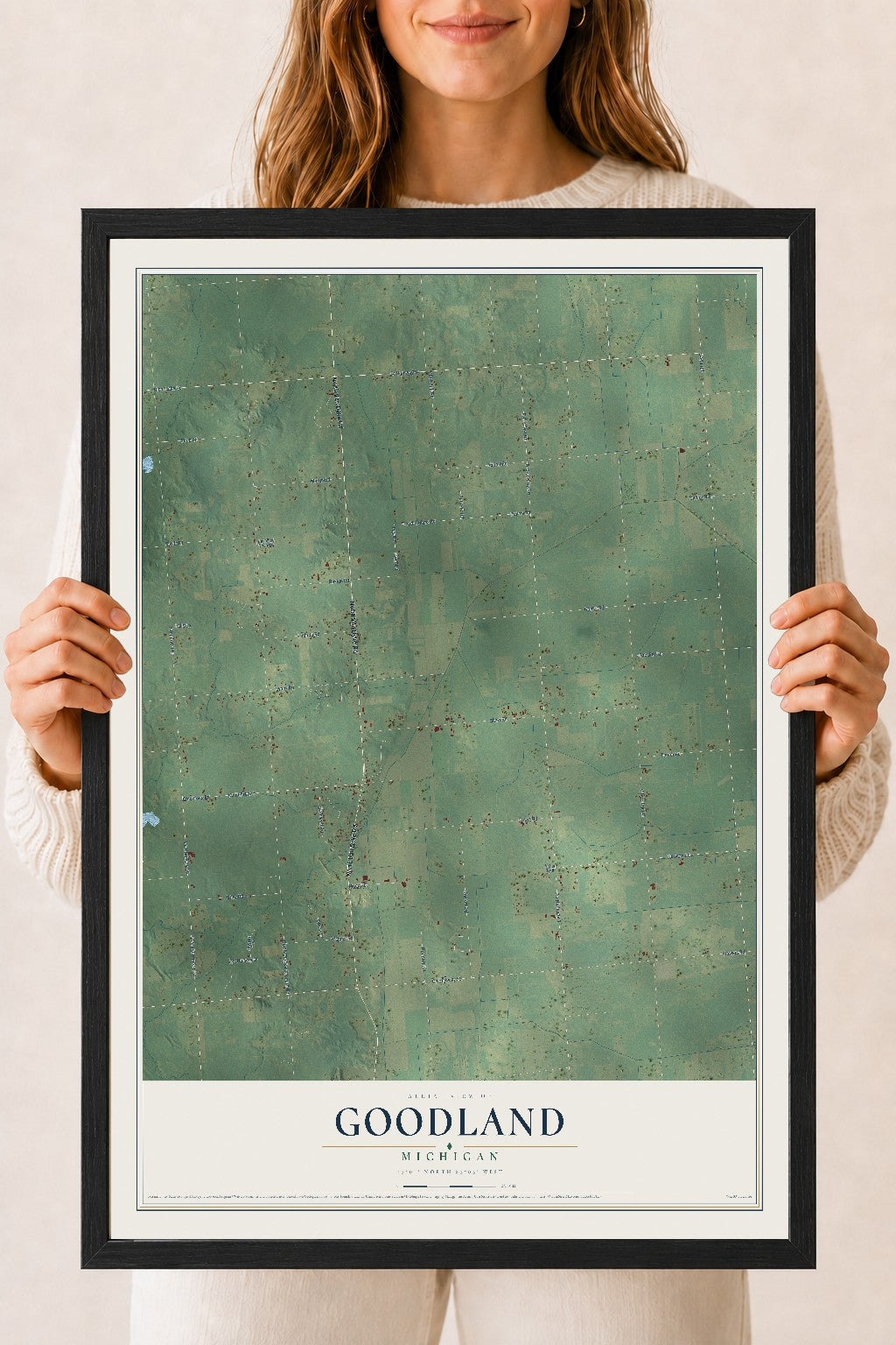 Map of Goodland, Michigan, 18 x 24 inch print in a black wood frame