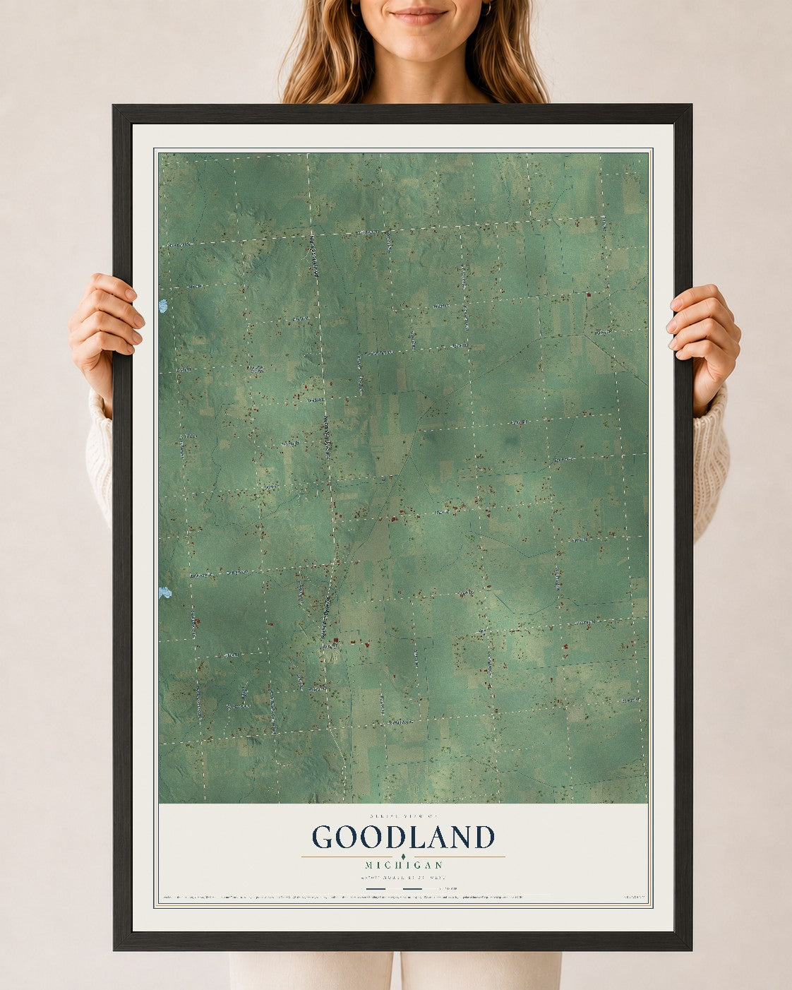 Map of Goodland, Michigan, 24 x 36 inch print in a black wood frame