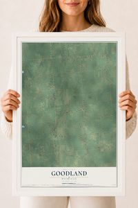 Map of Goodland, Michigan, 18 x 24 inch print in a white wood frame