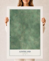 Map of Goodland, Michigan, 24 x 36 inch print in a white wood frame