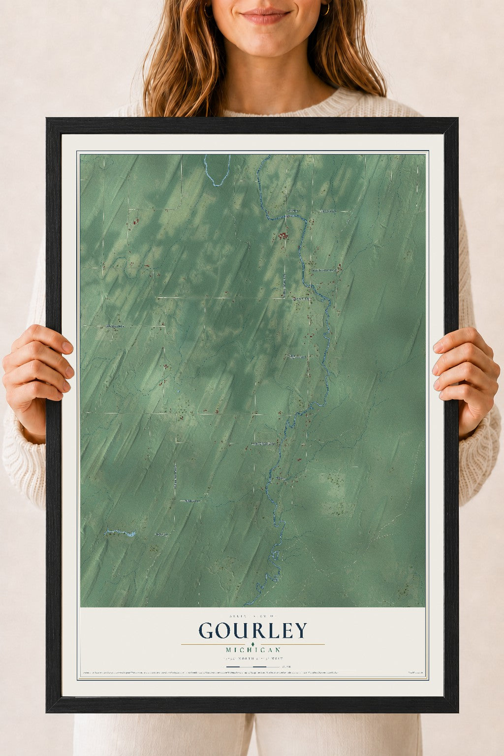 Map of Gourley, Michigan, 18 x 24 inch print in a black wood frame