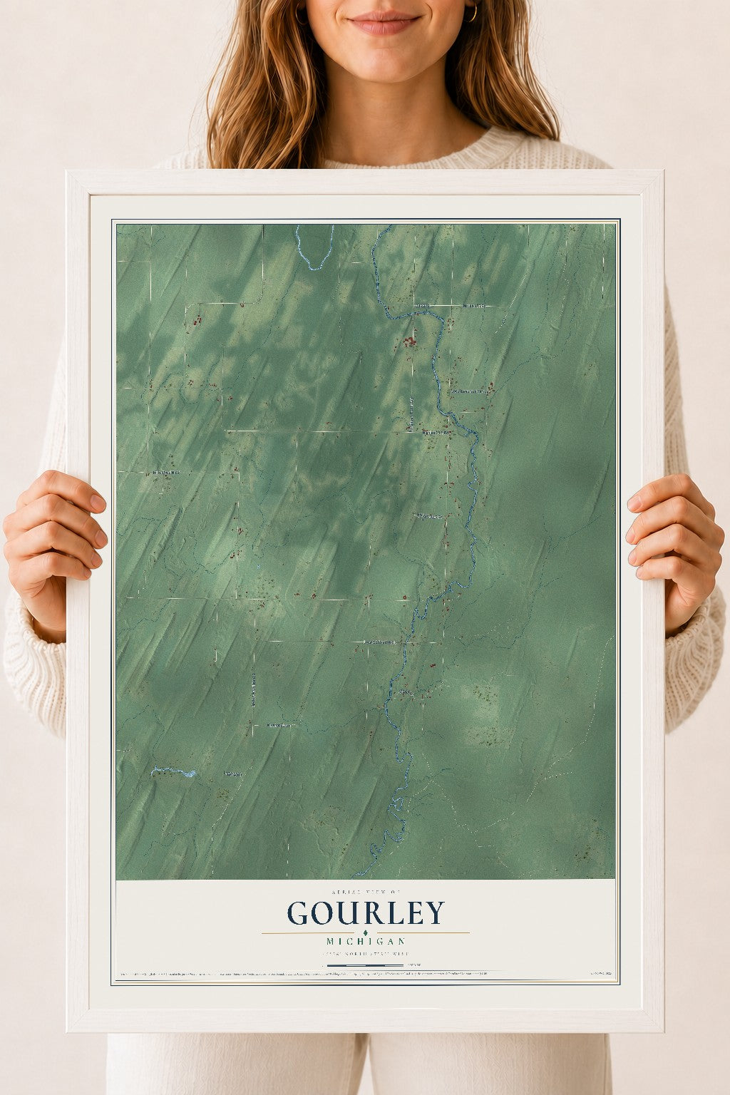 Map of Gourley, Michigan, 18 x 24 inch print in a white wood frame