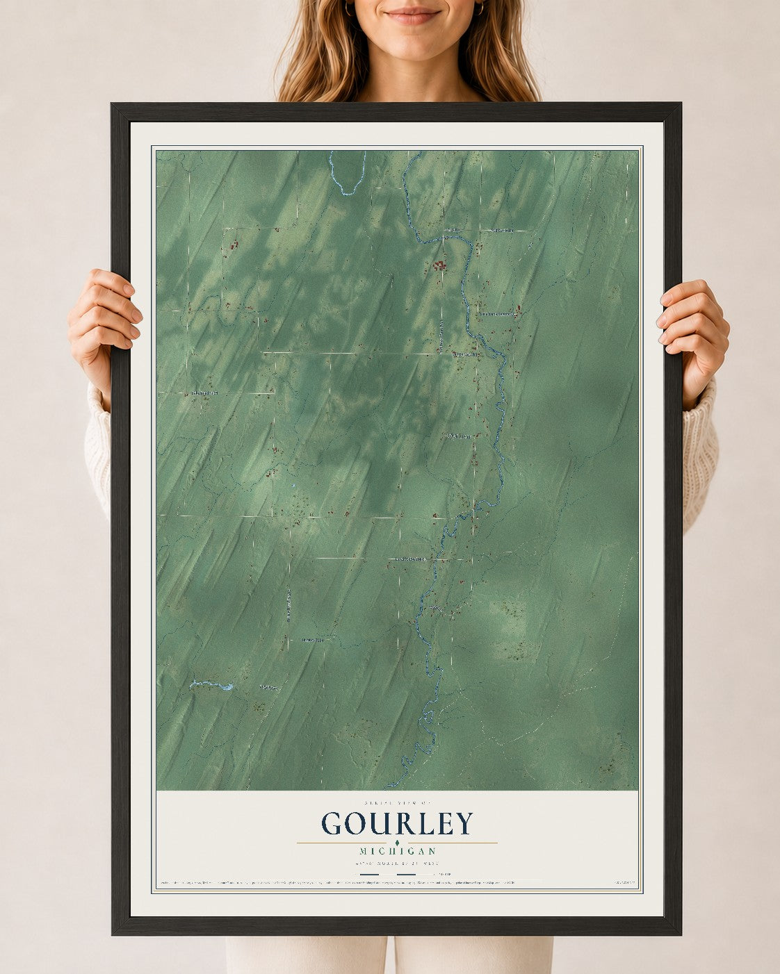 Map of Gourley, Michigan, 24 x 36 inch print in a black wood frame