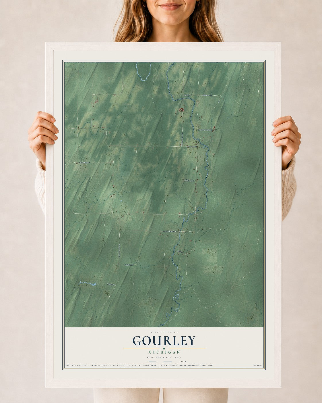 Map of Gourley, Michigan, 24 x 36 inch print in a white wood frame