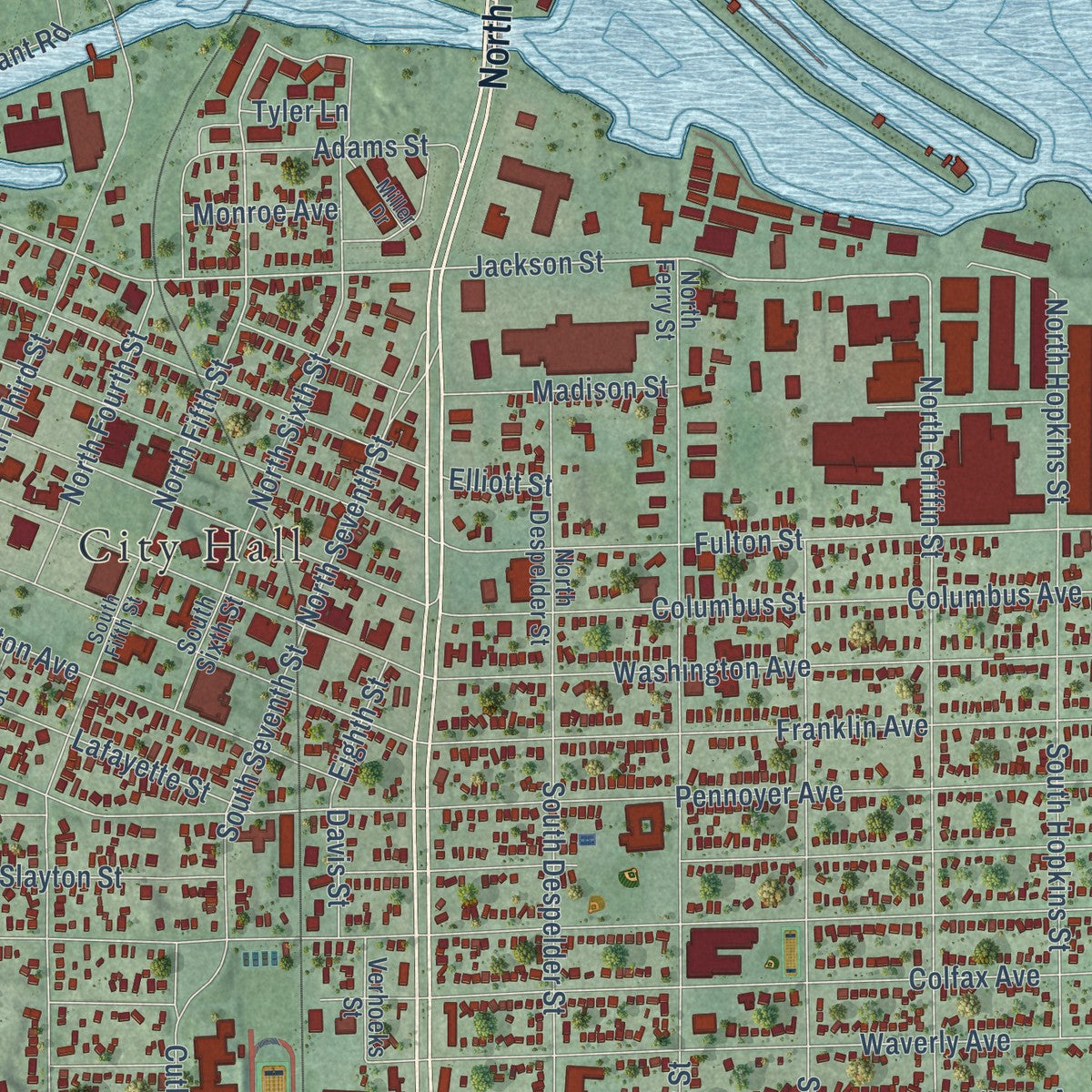 Close-up of the map of Grand Haven, Michigan print showing street and building detail