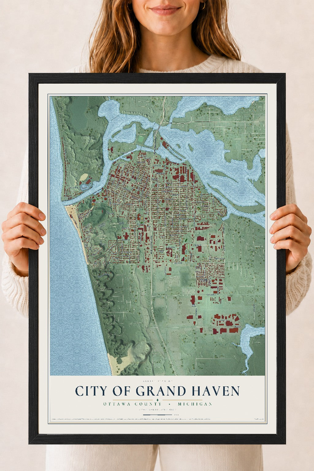 Map of Grand Haven, Michigan, 18 x 24 inch print in a black wood frame
