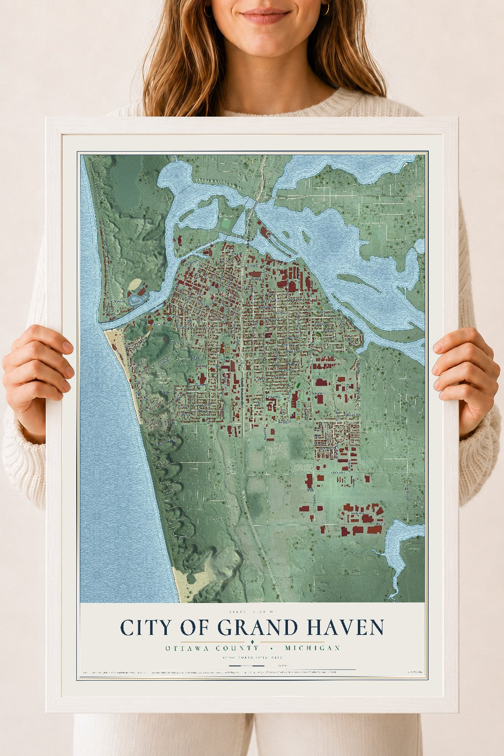 Map of Grand Haven, Michigan, 18 x 24 inch print in a white wood frame