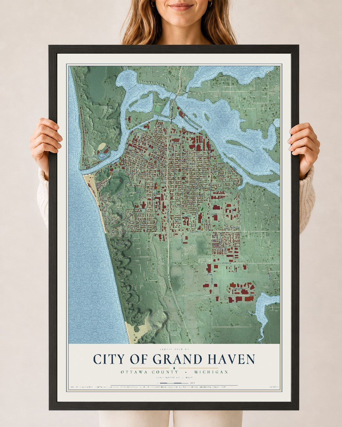 Map of Grand Haven, Michigan, 24 x 36 inch print in a black wood frame