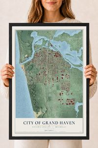 Map of Grand Haven, Michigan, 18 x 24 inch print in a black wood frame