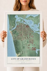 Map of Grand Haven, Michigan, 18 x 24 inch print in a white wood frame