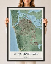 Map of Grand Haven, Michigan, 24 x 36 inch print in a black wood frame
