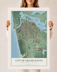 Map of Grand Haven, Michigan, 24 x 36 inch print in a white wood frame