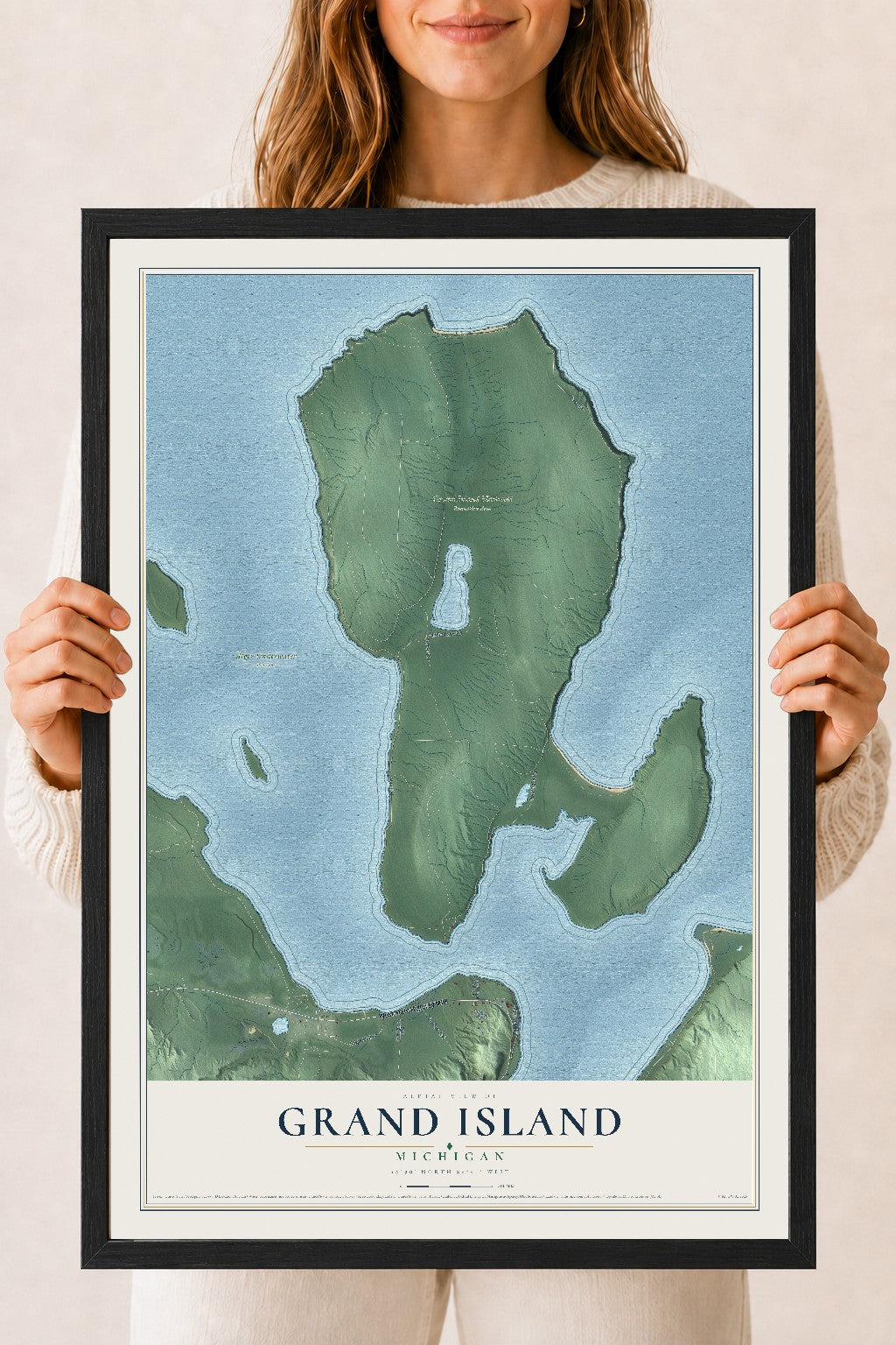 Map of Grand Island, Michigan, 18 x 24 inch print in a black wood frame