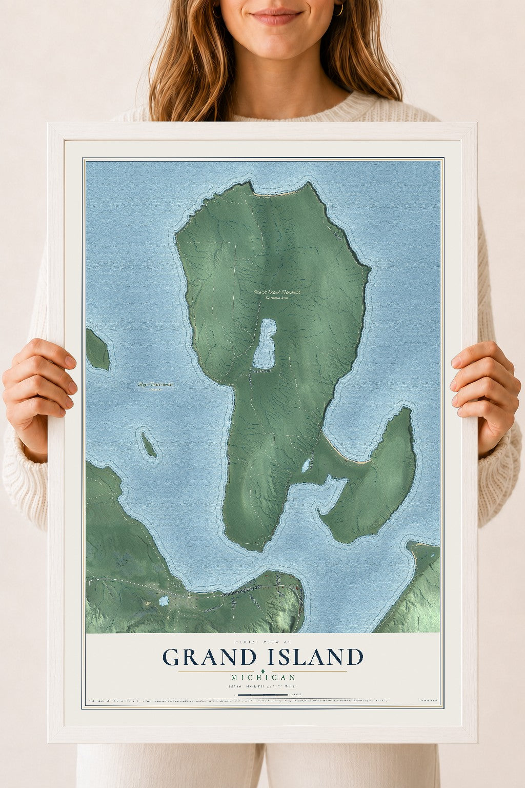 Map of Grand Island, Michigan, 18 x 24 inch print in a white wood frame