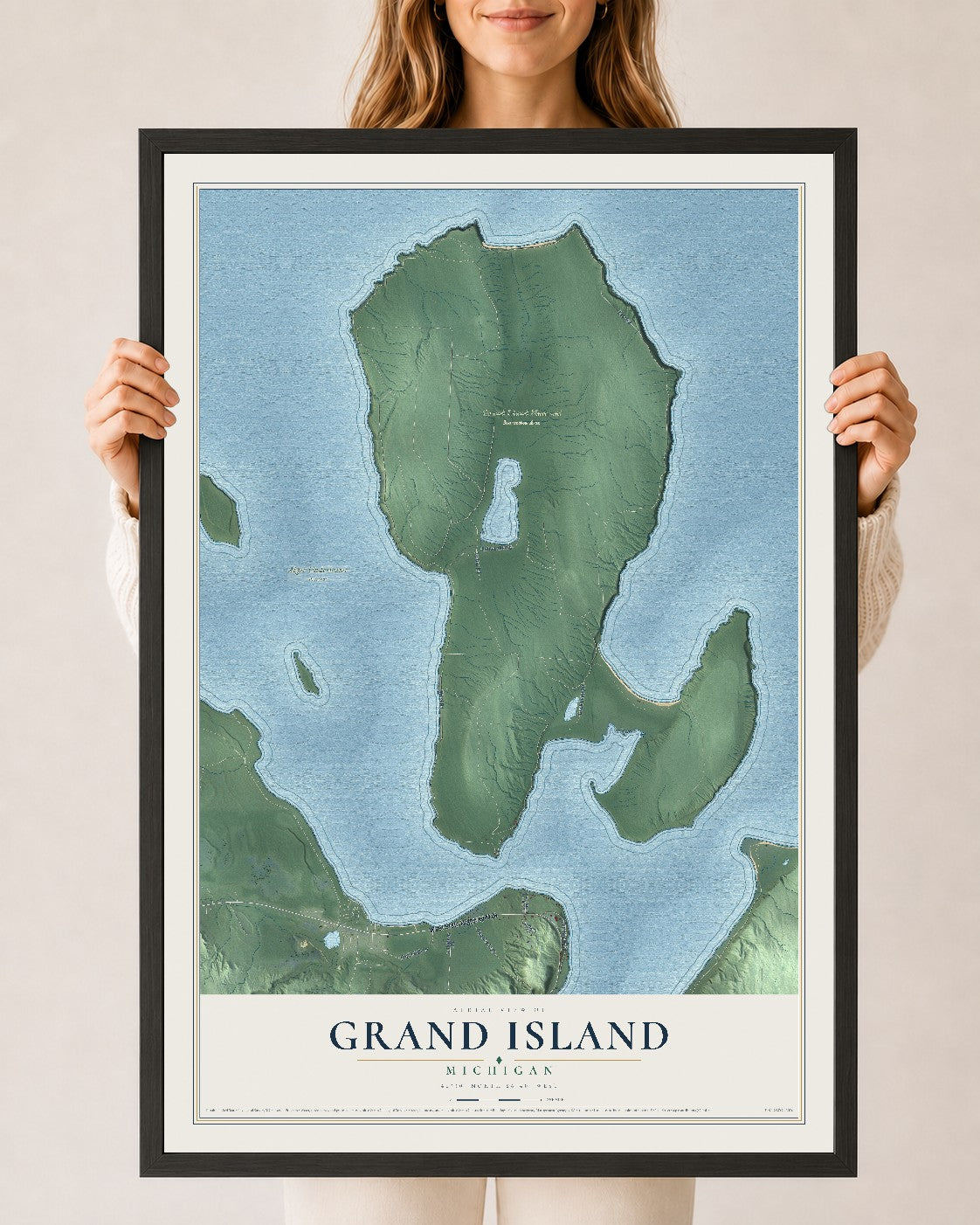 Map of Grand Island, Michigan, 24 x 36 inch print in a black wood frame
