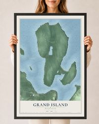 Map of Grand Island, Michigan, 24 x 36 inch print in a black wood frame