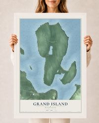 Map of Grand Island, Michigan, 24 x 36 inch print in a white wood frame