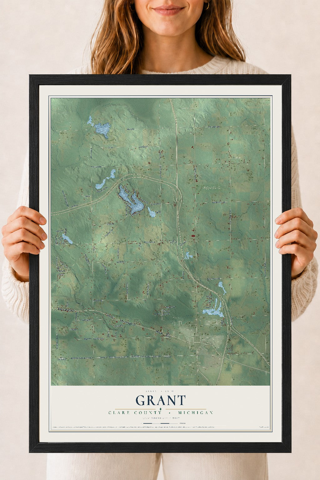 Map of Grant, Clare County, Michigan, 18 x 24 inch print in a black wood frame