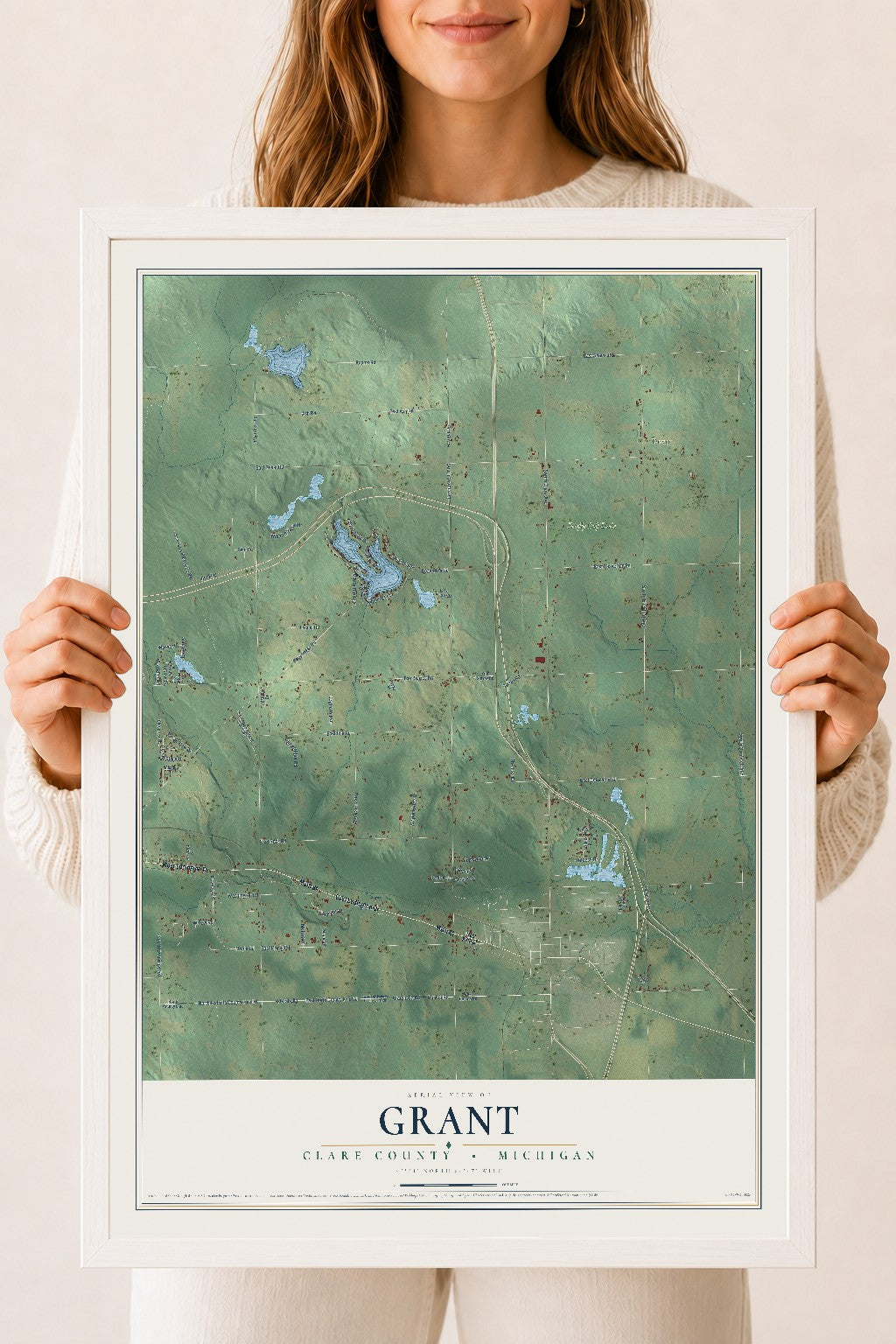 Map of Grant, Clare County, Michigan, 18 x 24 inch print in a white wood frame