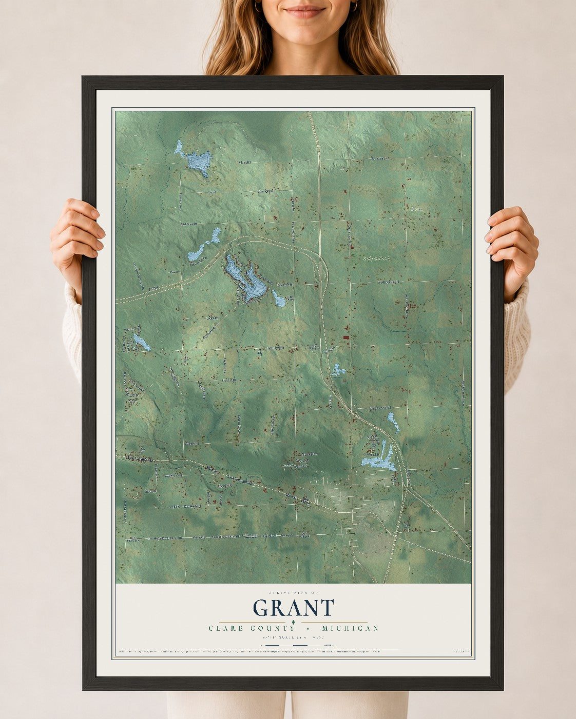 Map of Grant, Clare County, Michigan, 24 x 36 inch print in a black wood frame