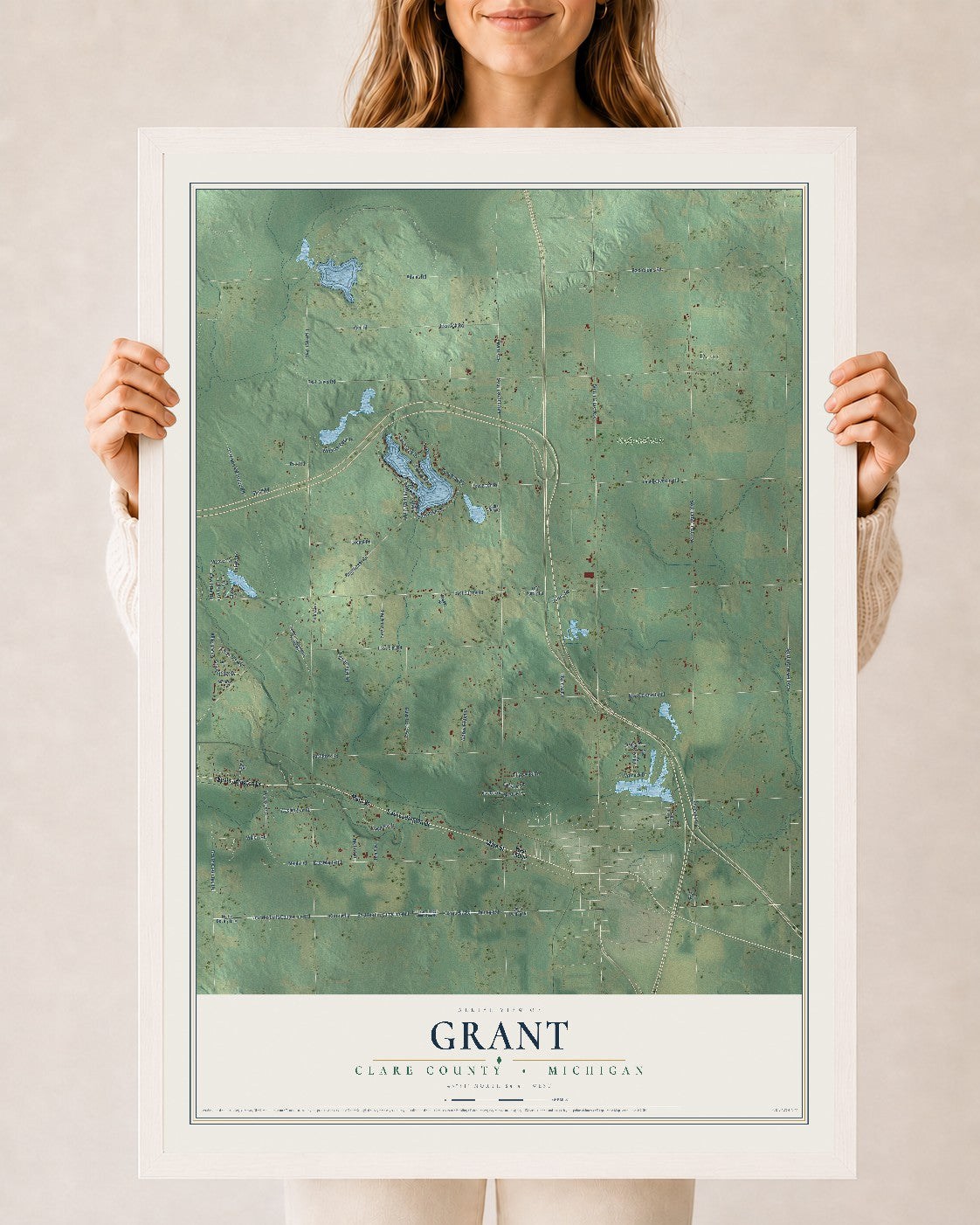 Map of Grant, Clare County, Michigan, 24 x 36 inch print in a white wood frame