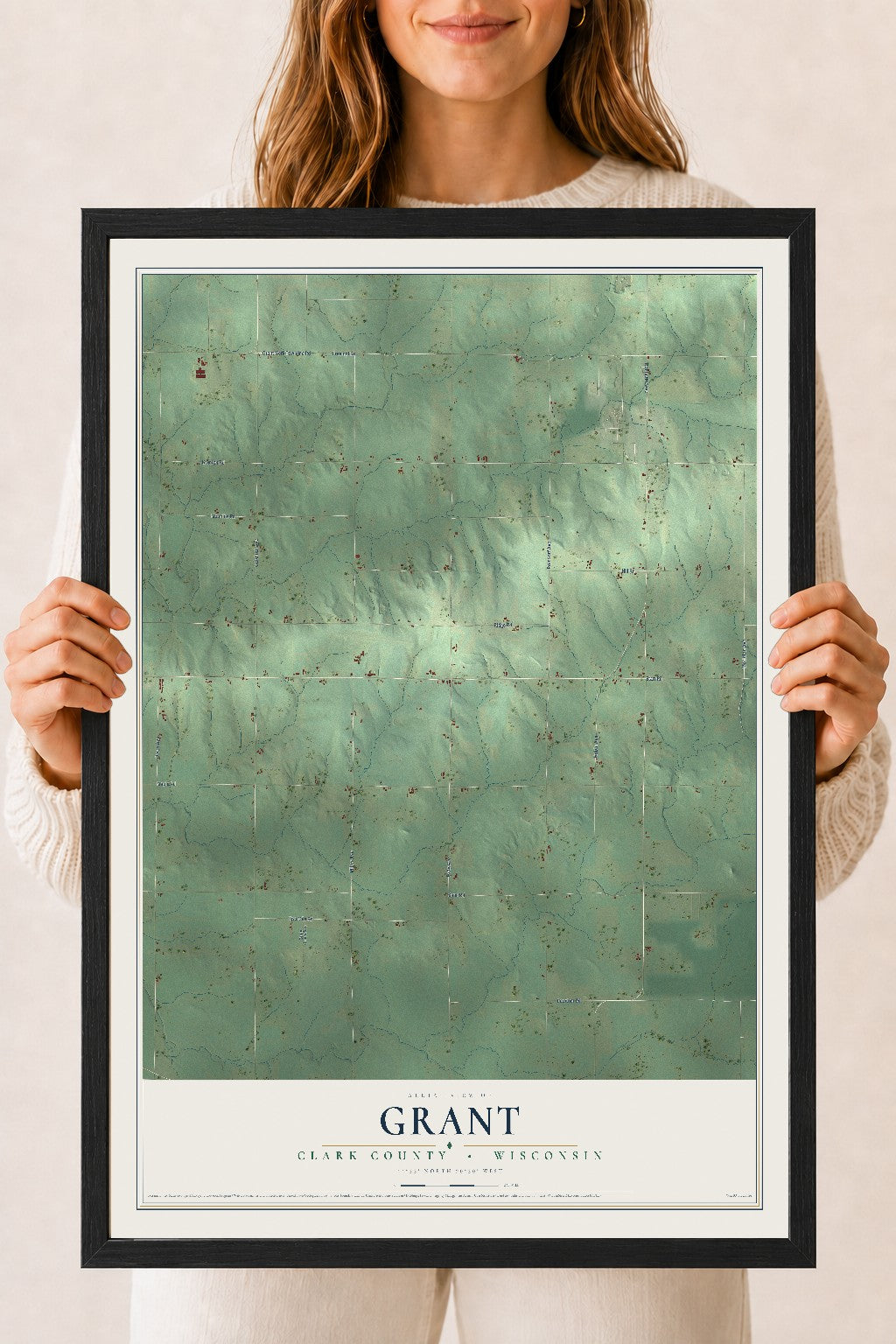 Map of Grant, Clark County, Wisconsin, 18 x 24 inch print in a black wood frame