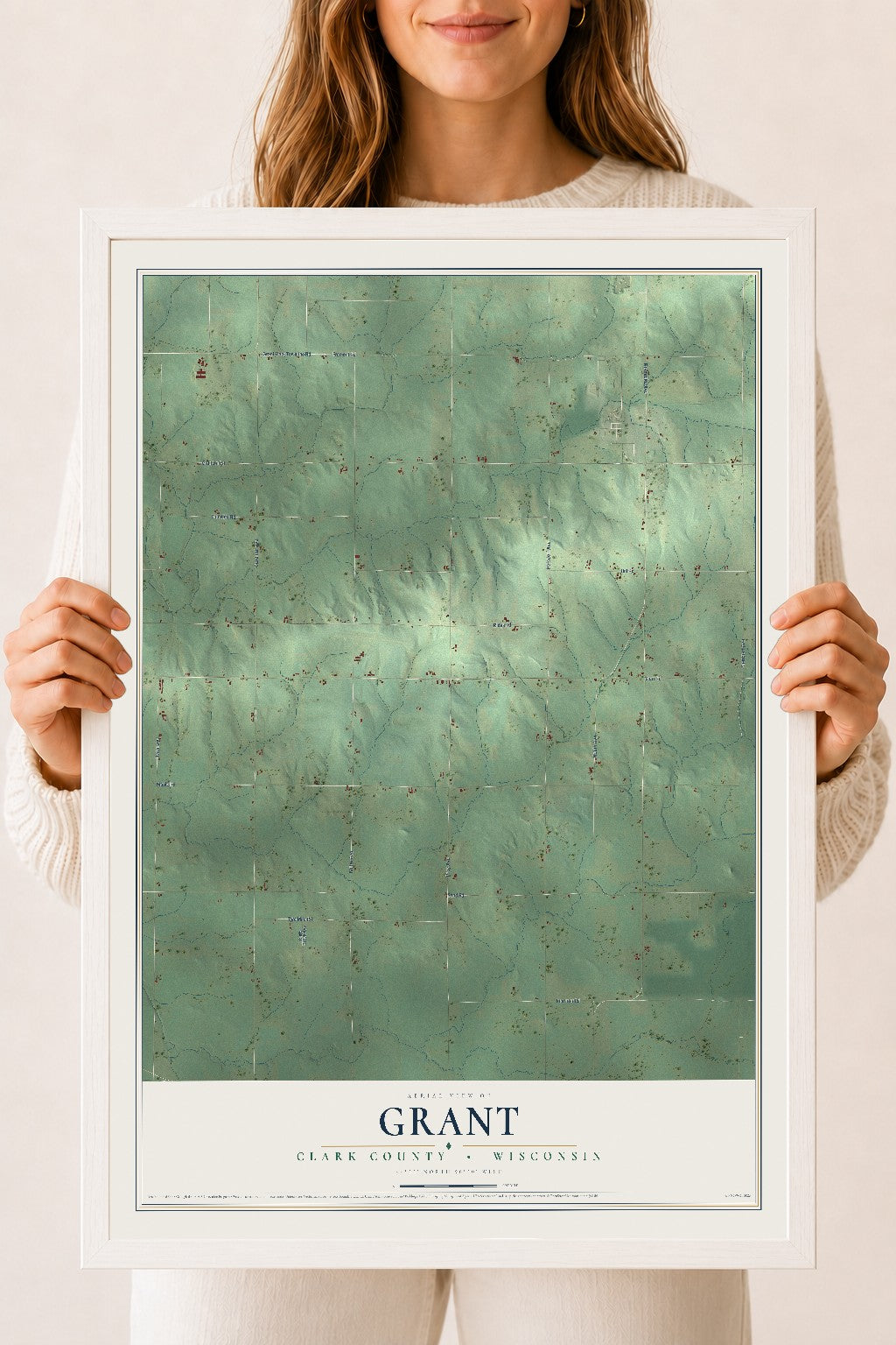 Map of Grant, Clark County, Wisconsin, 18 x 24 inch print in a white wood frame