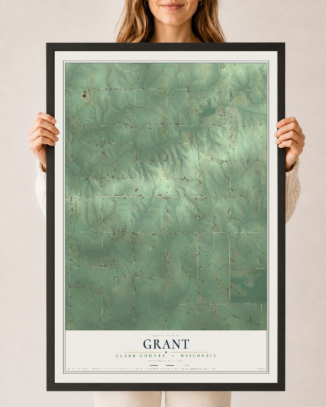 Map of Grant, Clark County, Wisconsin, 24 x 36 inch print in a black wood frame