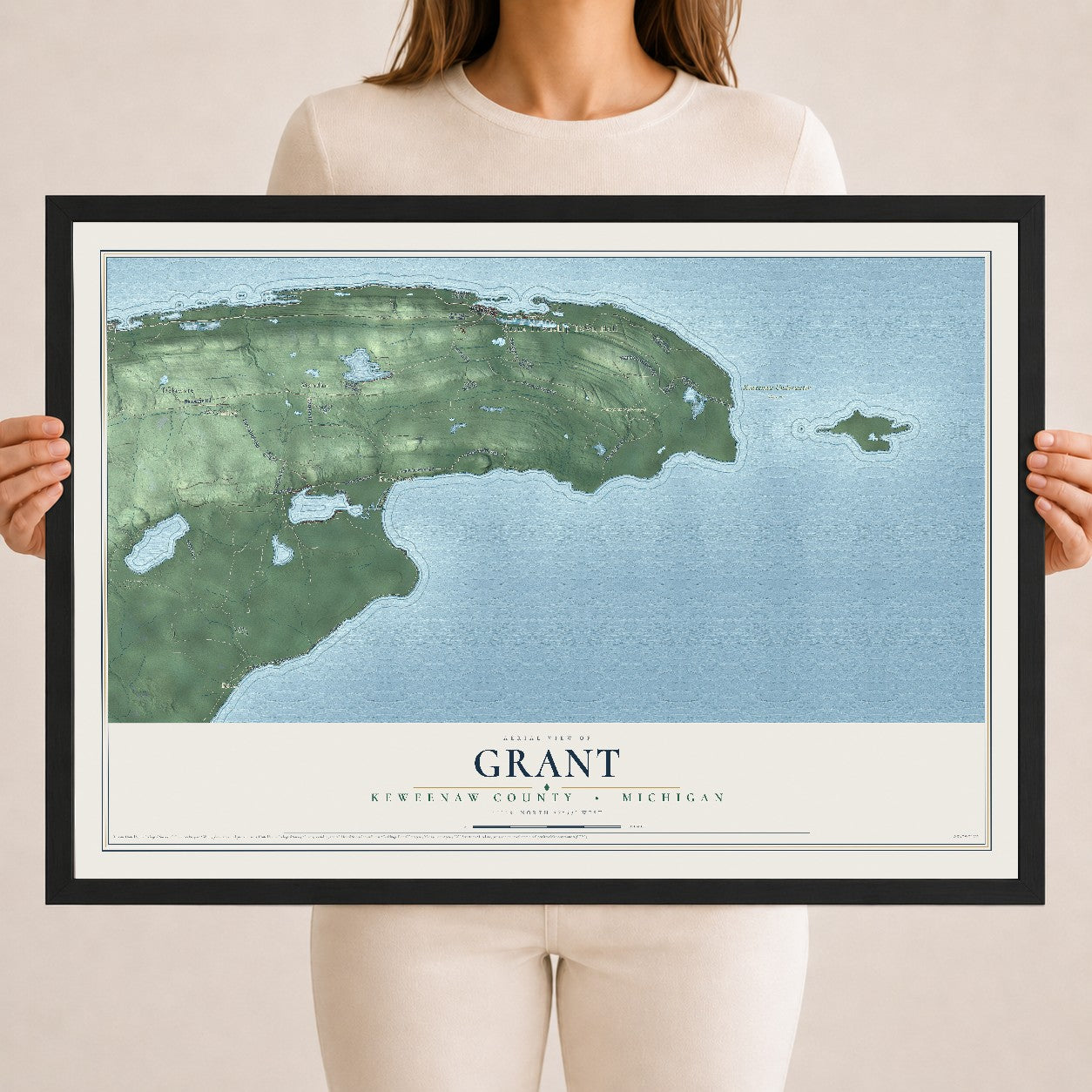 Map of Grant, Keweenaw County, Michigan, 18 x 24 inch print in a black wood frame