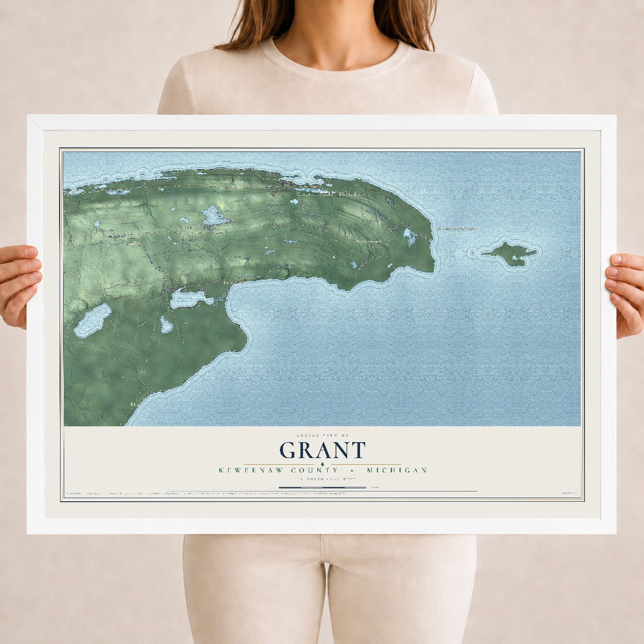Map of Grant, Keweenaw County, Michigan, 18 x 24 inch print in a white wood frame