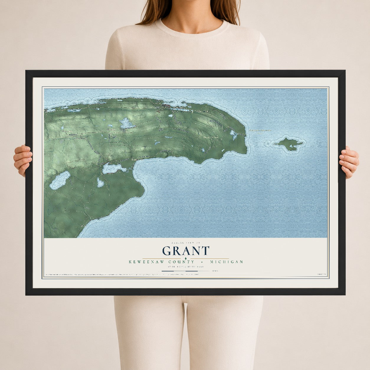 Map of Grant, Keweenaw County, Michigan, 24 x 36 inch print in a black wood frame