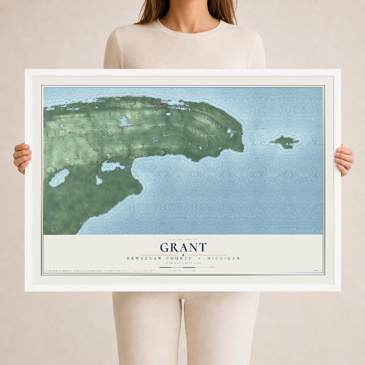 Map of Grant, Keweenaw County, Michigan, 24 x 36 inch print in a white wood frame