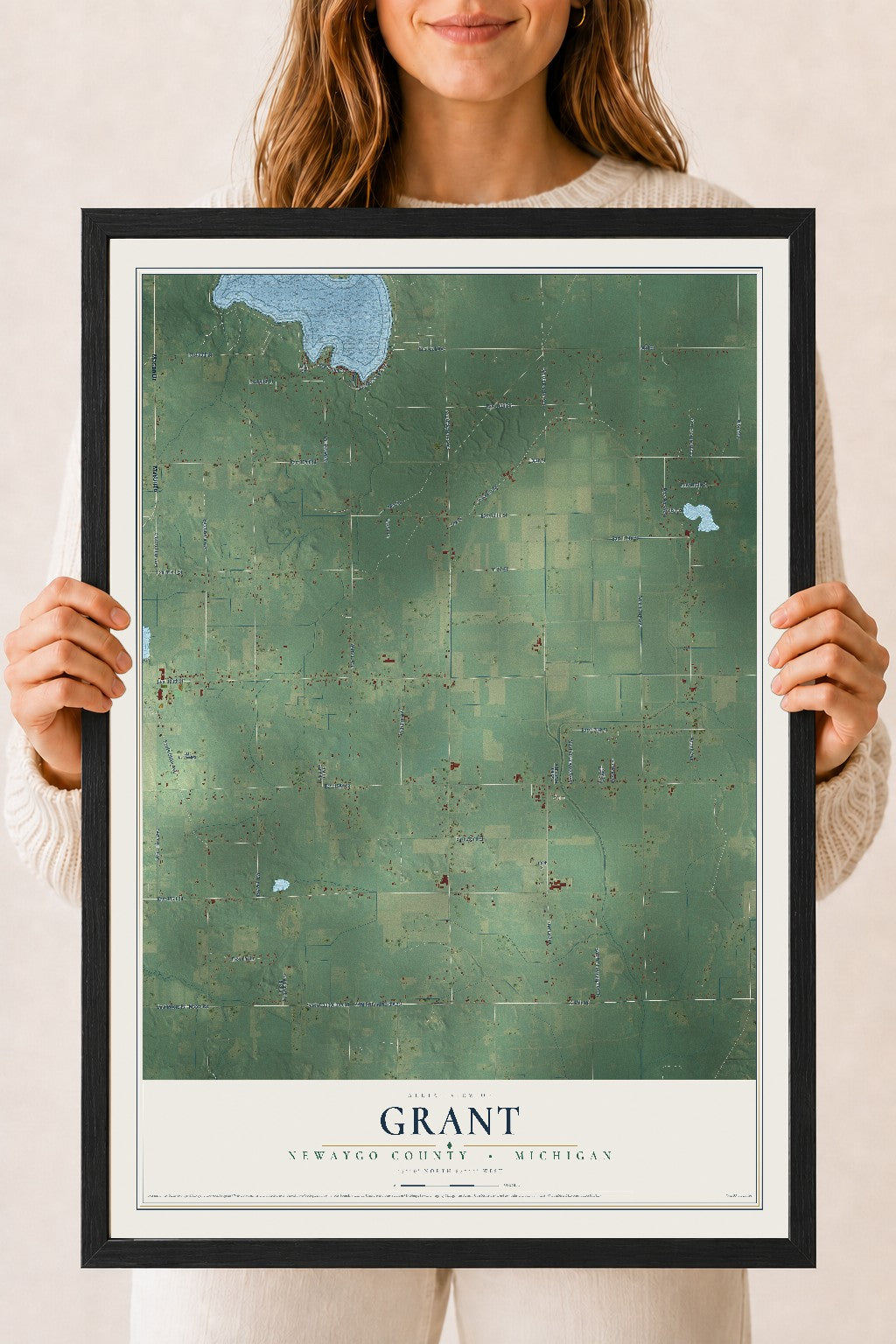 Map of Grant, Newaygo County, Michigan, 18 x 24 inch print in a black wood frame