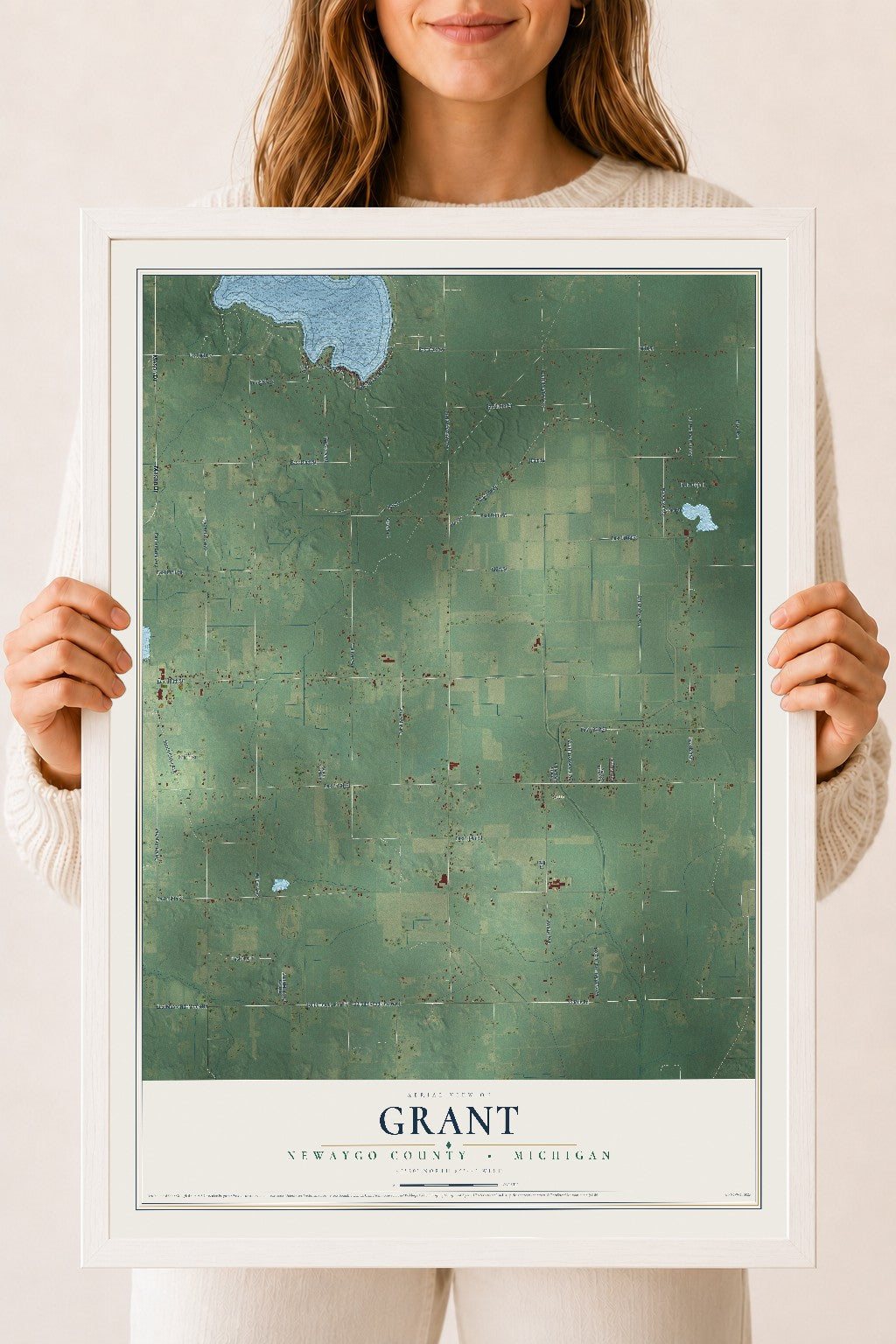 Map of Grant, Newaygo County, Michigan, 18 x 24 inch print in a white wood frame