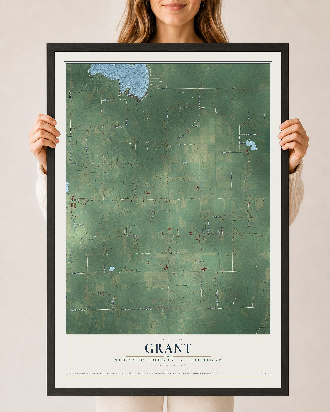Map of Grant, Newaygo County, Michigan, 24 x 36 inch print in a black wood frame