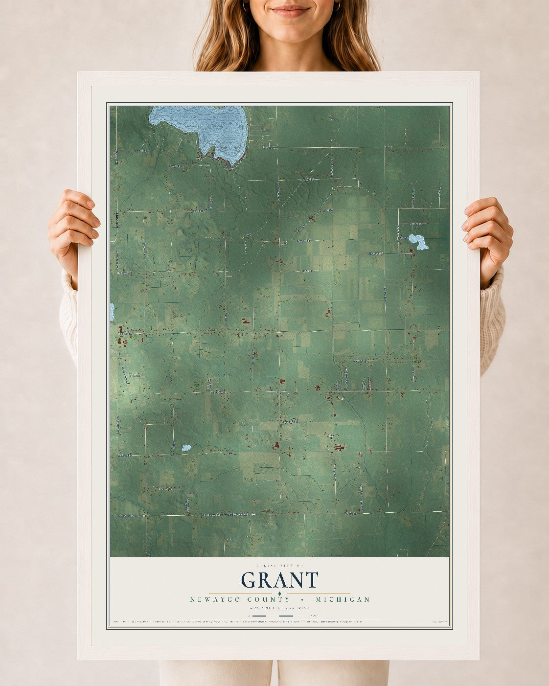 Map of Grant, Newaygo County, Michigan, 24 x 36 inch print in a white wood frame