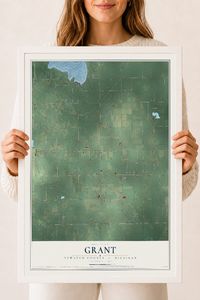 Map of Grant, Newaygo County, Michigan, 18 x 24 inch print in a white wood frame