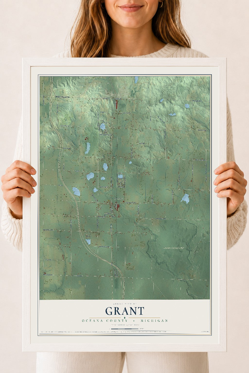 Map of Grant, Oceana County, Michigan, 18 x 24 inch print in a white wood frame
