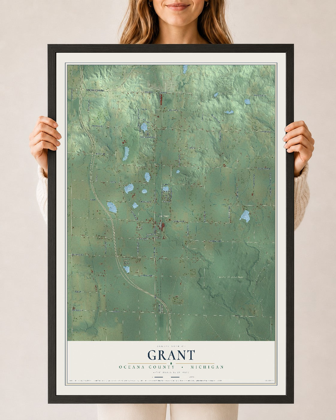 Map of Grant, Oceana County, Michigan, 24 x 36 inch print in a black wood frame
