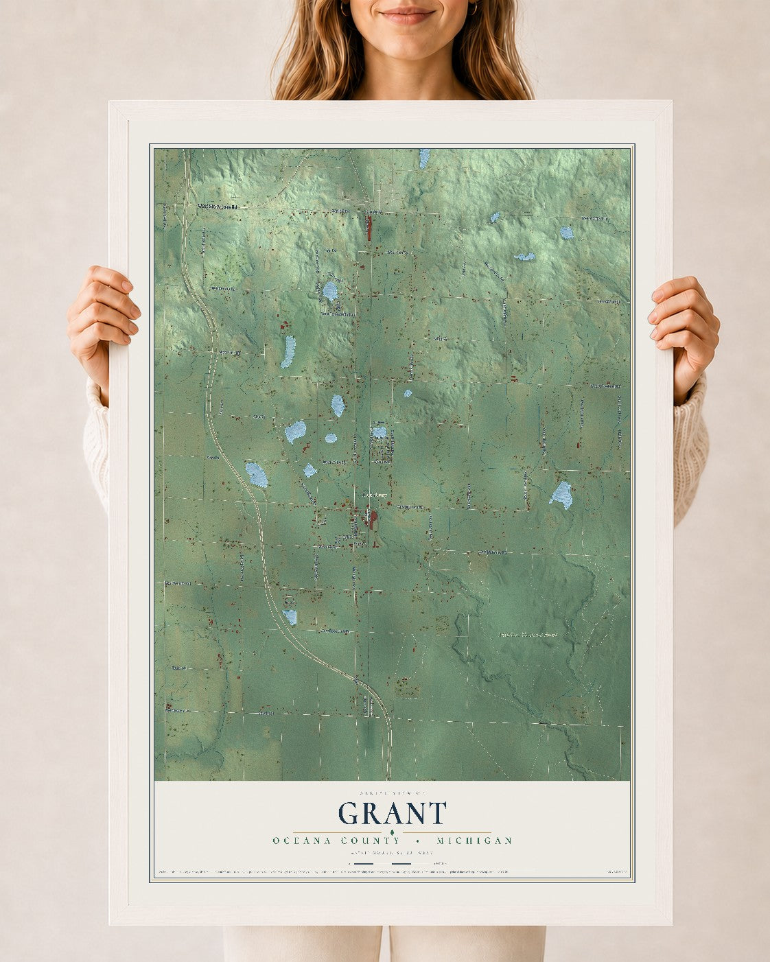 Map of Grant, Oceana County, Michigan, 24 x 36 inch print in a white wood frame