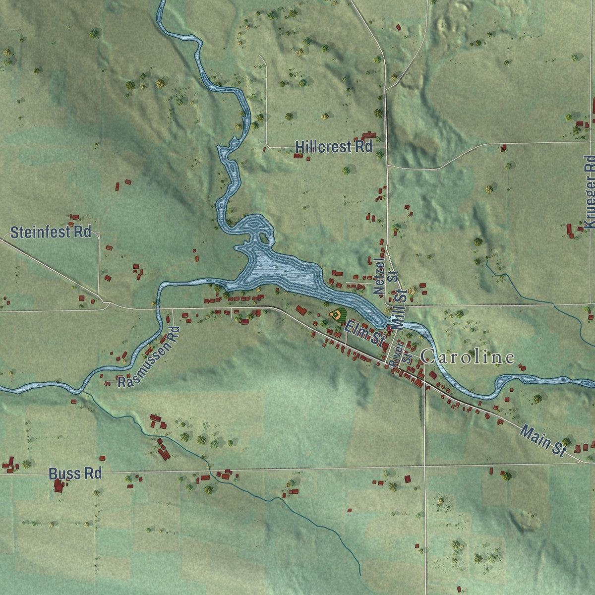 Second close-up of the map of Grant, Shawano County, Wisconsin print showing more streets and buildings