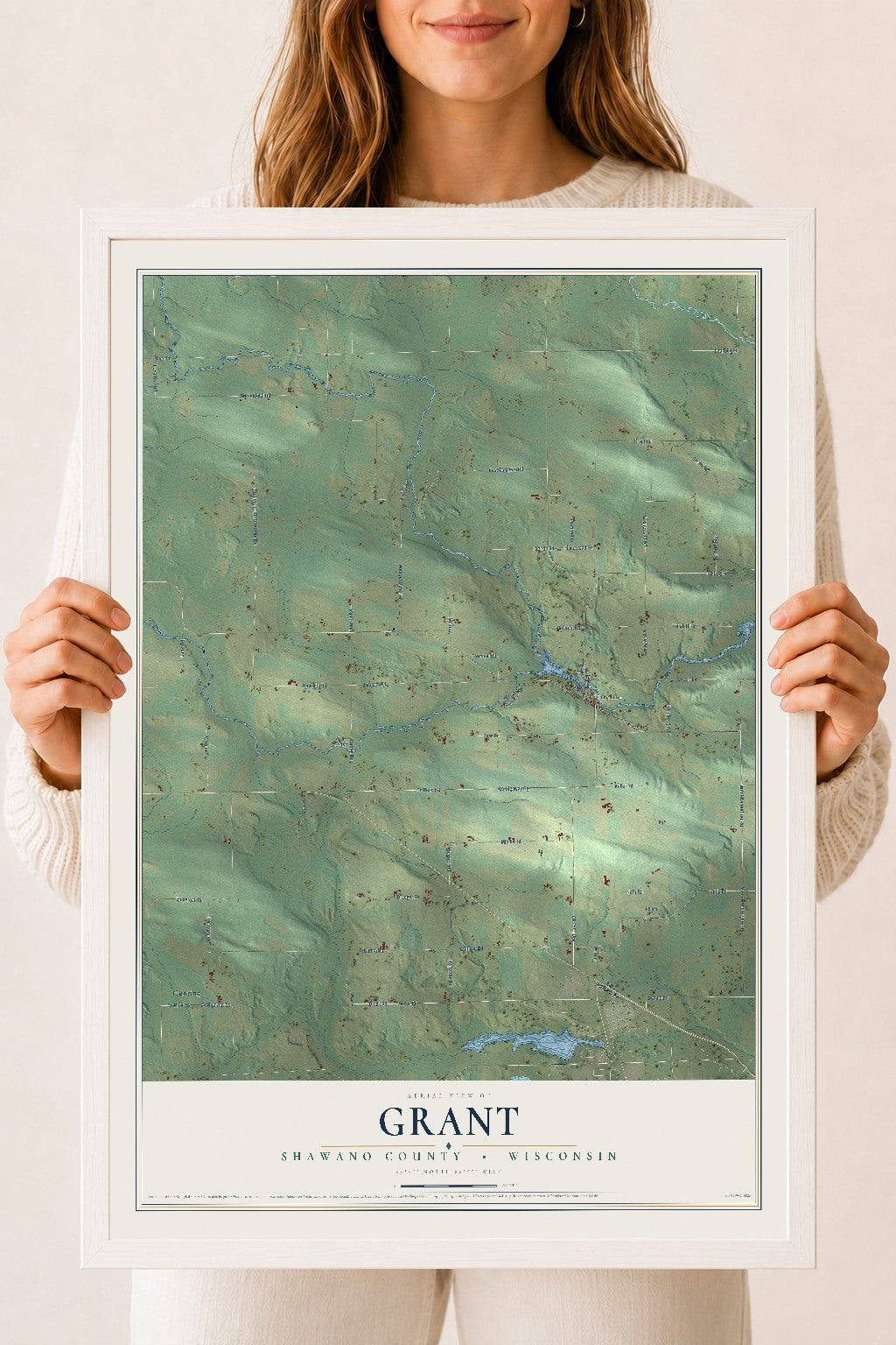 Map of Grant, Shawano County, Wisconsin, 18 x 24 inch print in a white wood frame