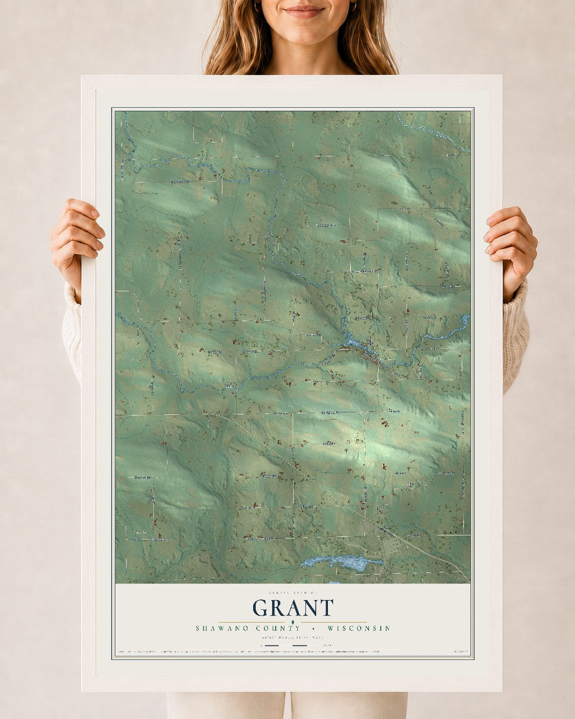 Map of Grant, Shawano County, Wisconsin, 24 x 36 inch print in a white wood frame