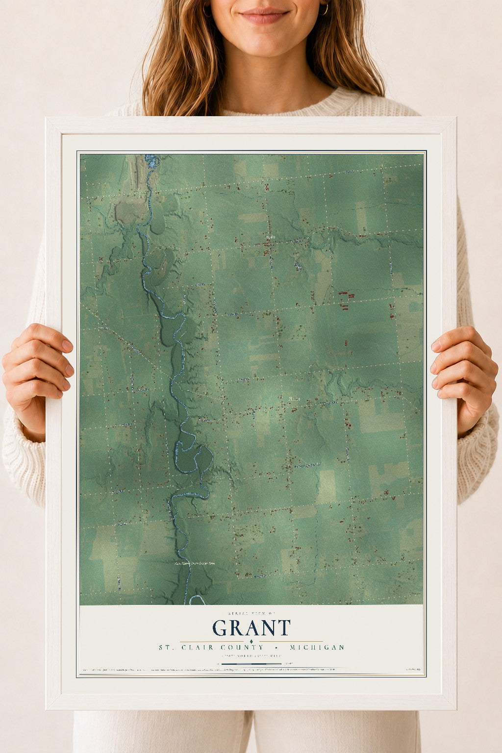 Map of Grant, St. Clair County, Michigan, 18 x 24 inch print in a white wood frame