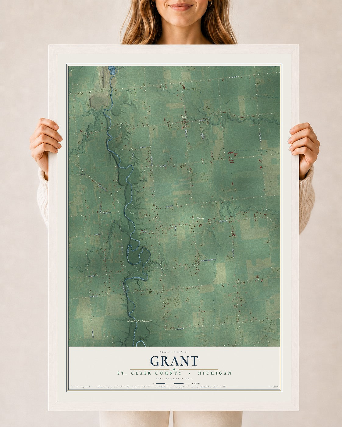 Map of Grant, St. Clair County, Michigan, 24 x 36 inch print in a white wood frame