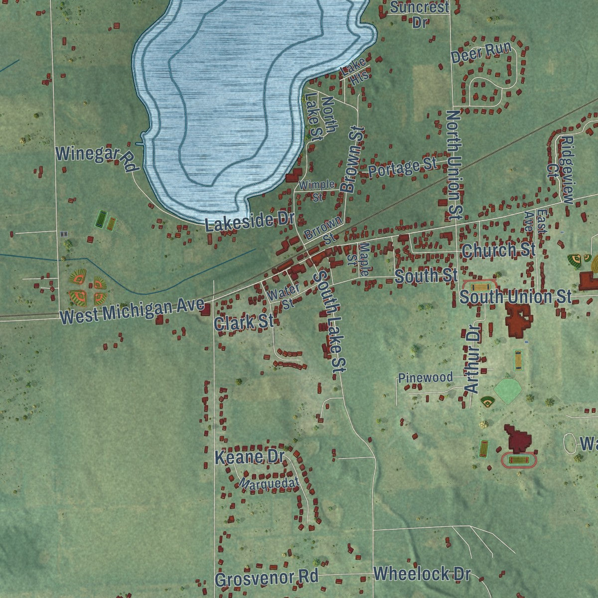 Close-up of the map of Grass Lake, Jackson County, Michigan print showing street and building detail